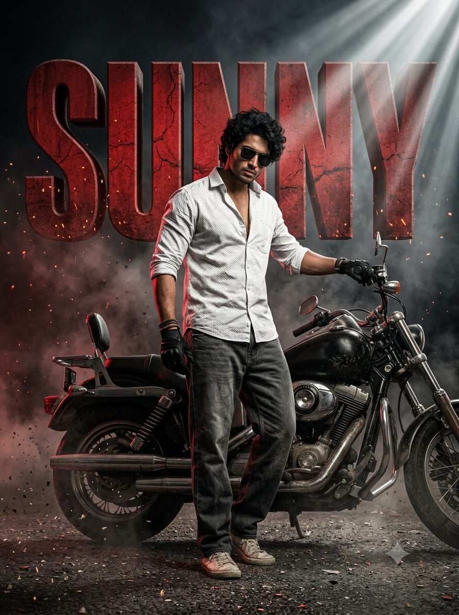 Young man with curly hair and sunglasses standing in front of a chrome black bike with red 3D SUNNY letters and orange sparks
