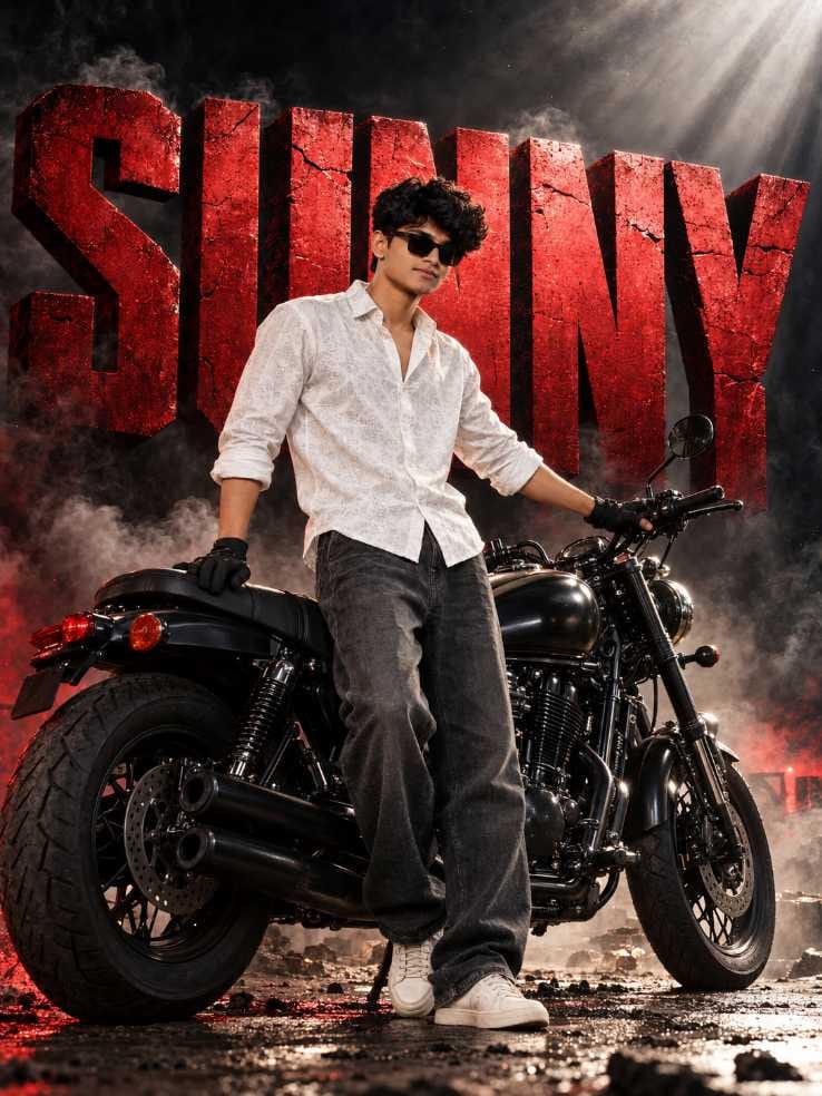 Young man with curly hair and sunglasses leaning on a black motorcycle with large cracked red 3D letters behind him