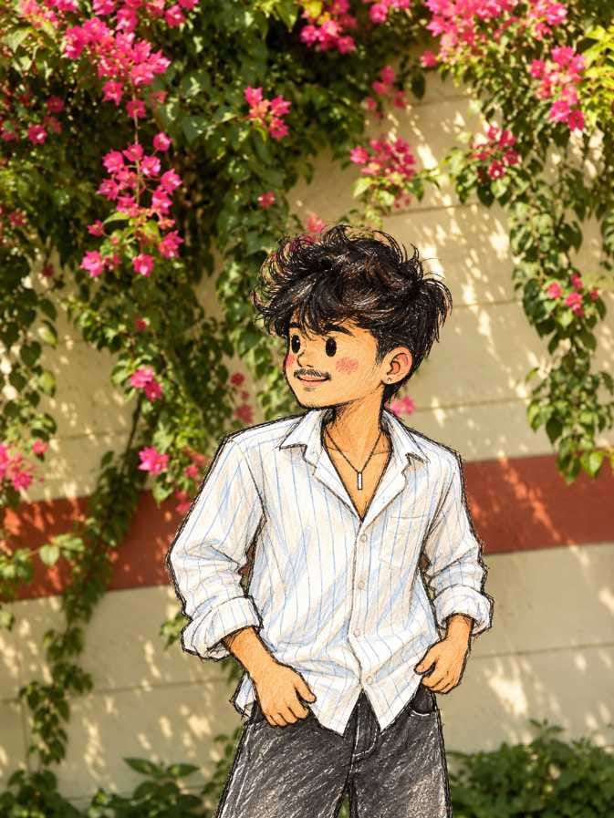 AI doodle photo prompt result of a boy in a white striped shirt turned into a doodle character in front of a pink flower wall