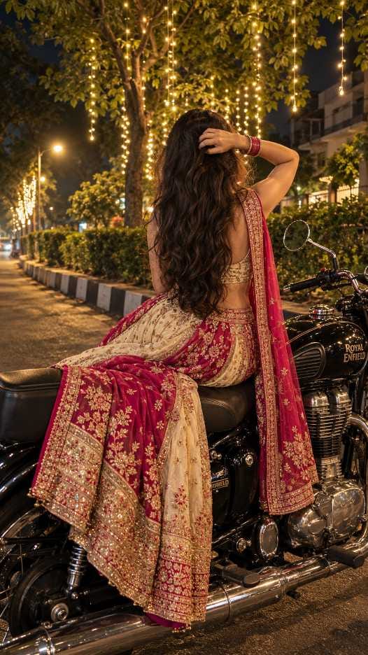 Woman seen from behind sitting sideways on a black Royal Enfield in a pink and cream lehenga on a night street