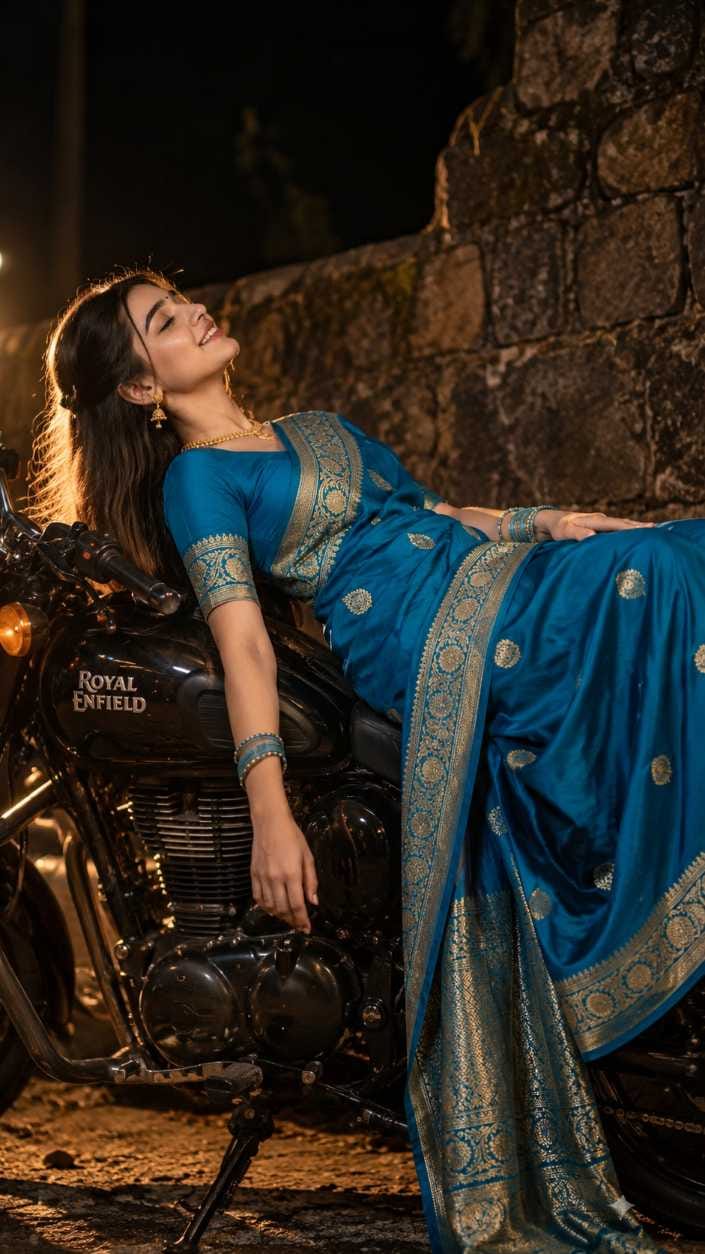 Smiling woman with closed eyes leaning back on a black Royal Enfield in a blue silk saree near a stone wall