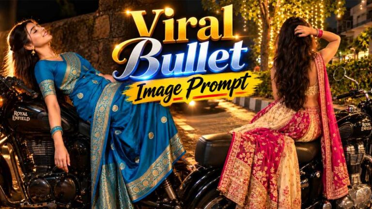 Two women on black Royal Enfield bikes at night, one in a blue silk saree and one in a pink and cream lehenga
