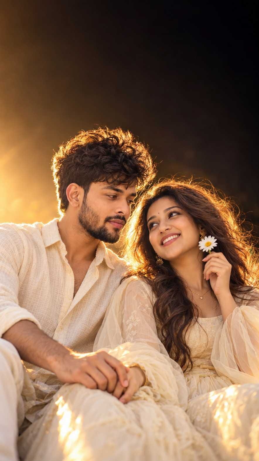 Romantic couple in cream outfits sitting close in golden hour light while the girl holds a white daisy, made with a ChatGPT couple photo prompt