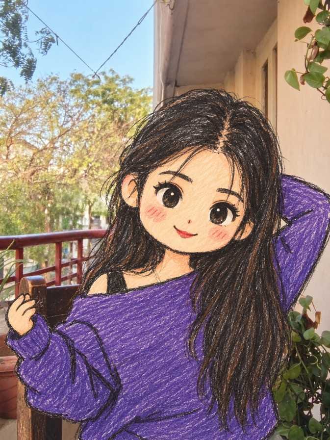 ChatGPT doodle prompt result of a girl in a purple sweater turned into a cute doodle character on a real balcony background