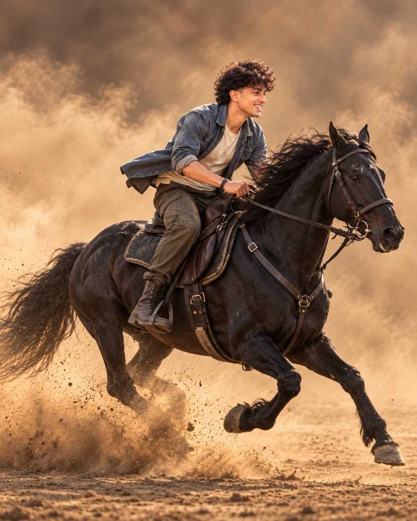 Smiling boy riding a black horse at full speed with dust flying in a Cinematic Horse Portrait
