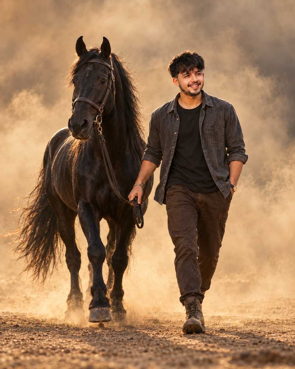Boy walking beside a black horse in a dusty golden-hour Cinematic Horse Portrait