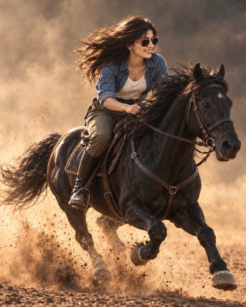 Smiling girl with sunglasses and flowing hair riding a black horse in a dusty Cinematic Horse Portrait