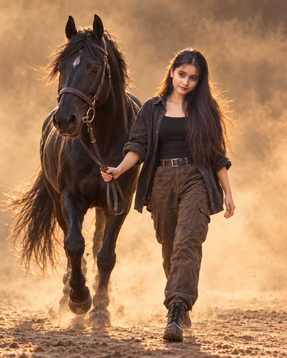 Girl with long hair walking beside a black horse in a dusty golden-hour Cinematic Horse Portrait