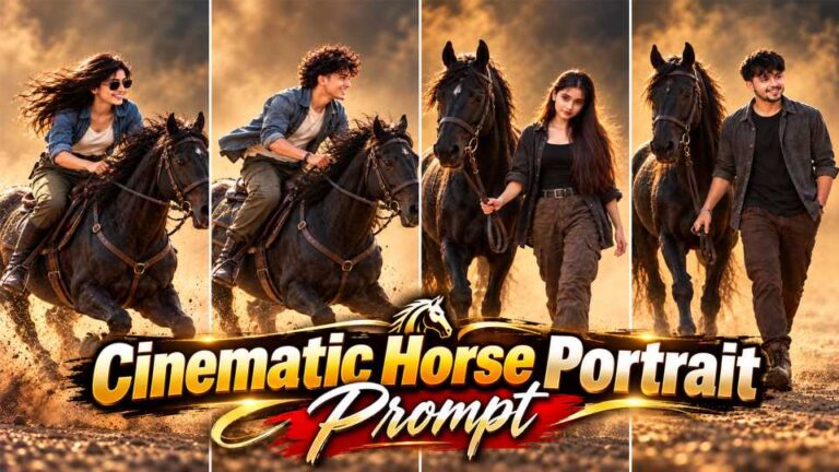 Cinematic Horse Portrait prompt collage showing boys and girls riding and walking with a black horse in golden dust