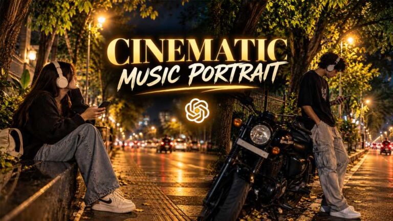 Cinematic music portrait AI photo prompt showing a girl sitting on a roadside ledge and a boy leaning on a Royal Enfield on a night street