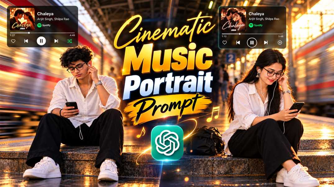 Cinematic Music Portrait Photo Prompt for ChatGPT with boy and girl on a railway station and Chaleya Spotify player