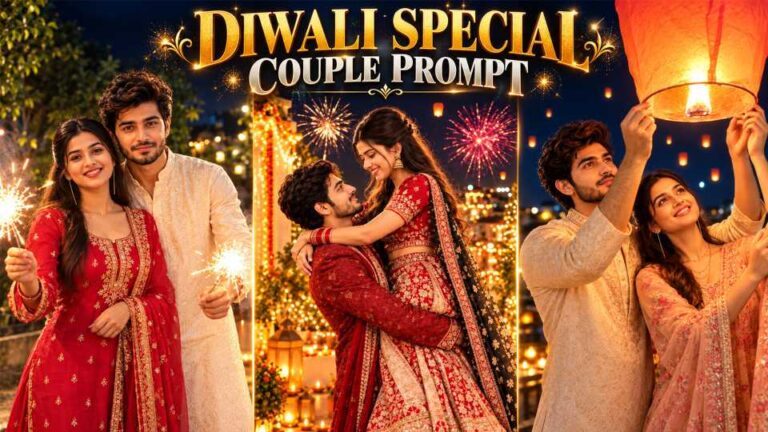 Three Diwali couple scenes: sparklers, a rooftop lift with fireworks, and a couple holding a glowing sky lantern at night