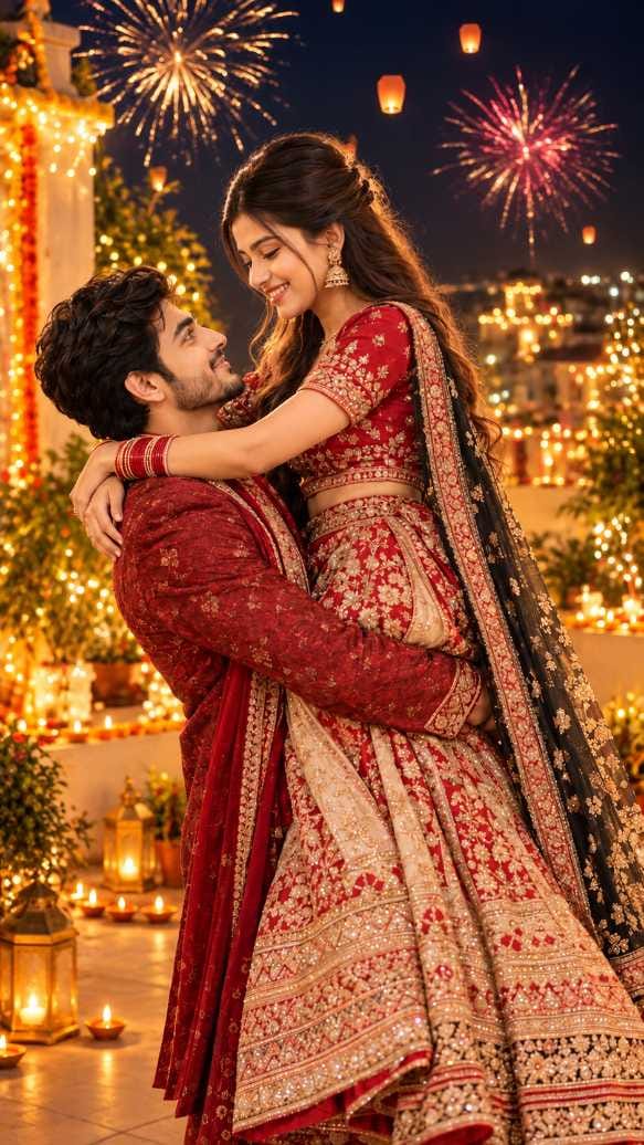 Man in a maroon sherwani lifts a smiling woman in a red lehenga on a rooftop with lights, lanterns and fireworks