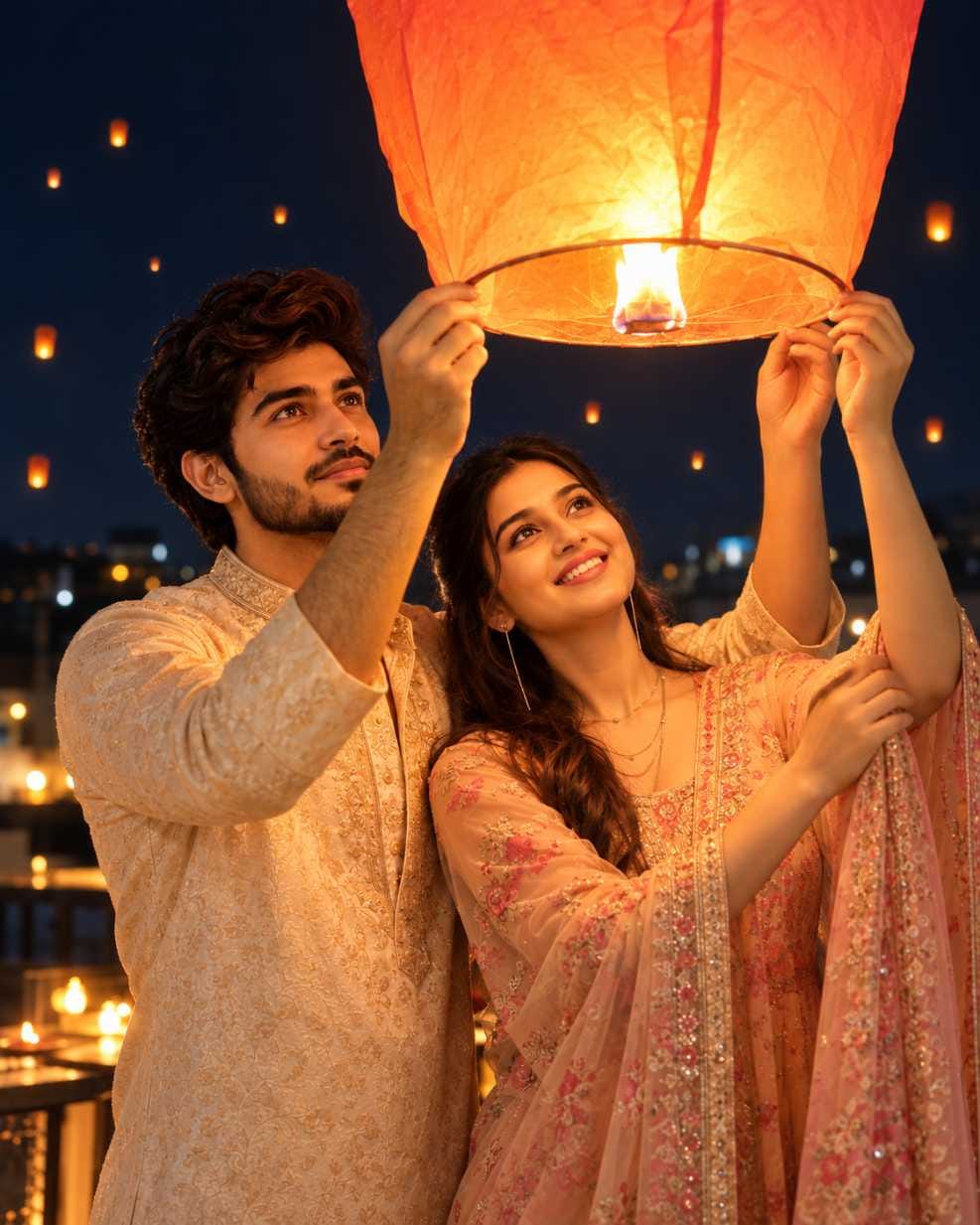 Bearded man in a cream kurta and smiling woman in a peach outfit hold a big glowing orange sky lantern at night