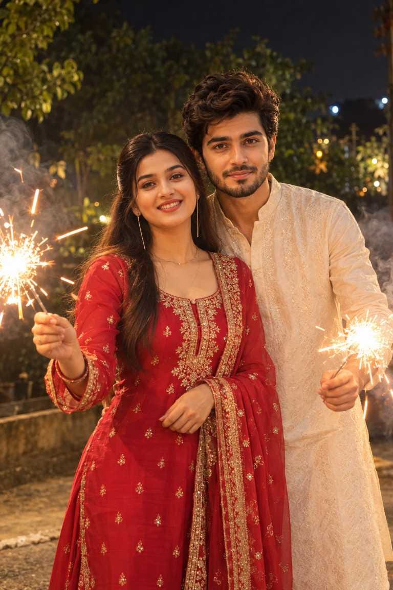 Smiling woman in a red suit stands in front of a bearded man in an ivory kurta, both holding sparklers at night