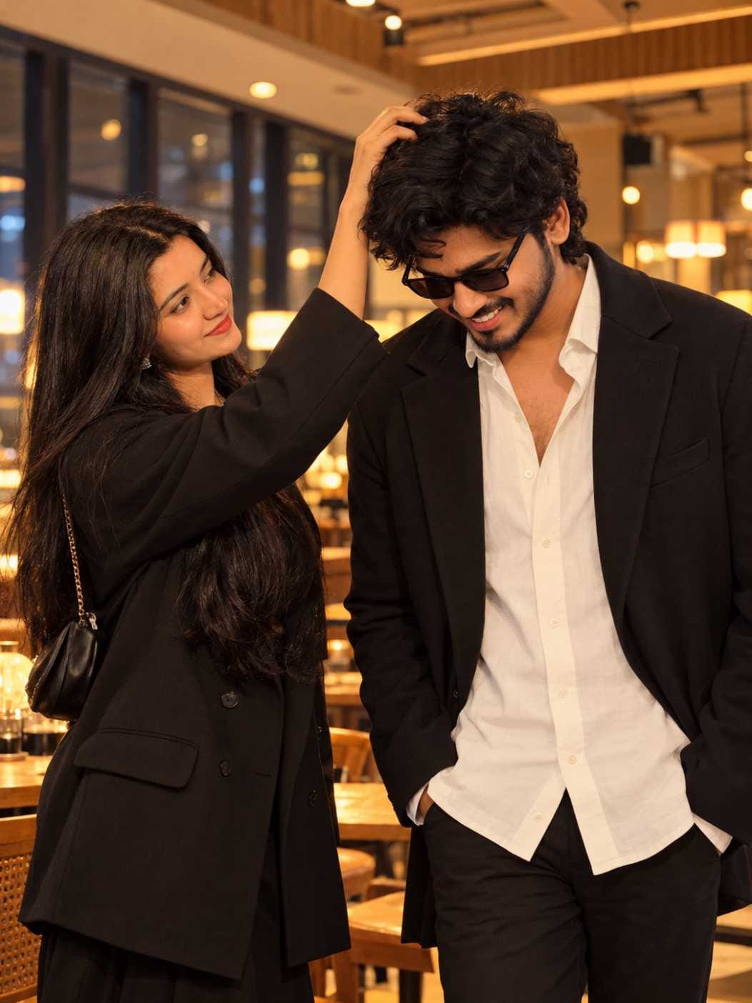 Couple image prompt result of a girl in a black blazer touching a smiling boy's curly hair in a warm restaurant