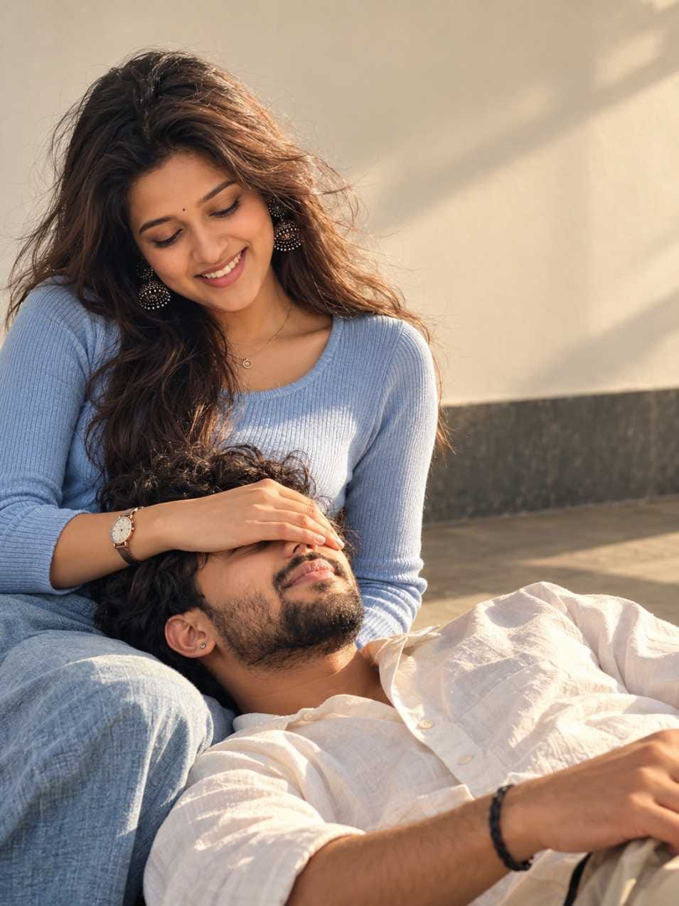 Couple image prompt result of a girl in a light blue top covering a boy's eyes while he rests his head on her lap in golden sunlight