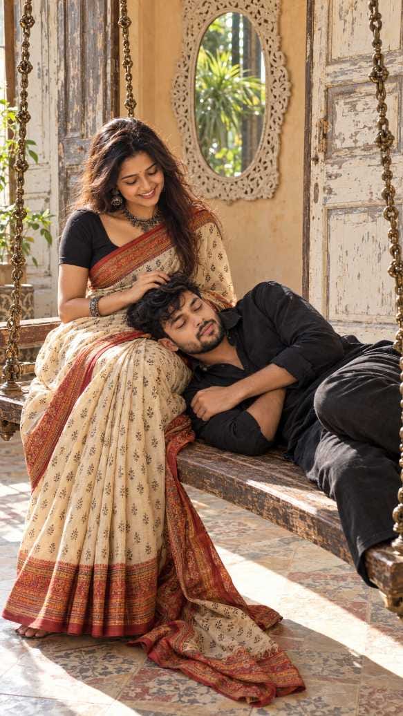Smiling woman in cream saree sits on a wooden swing as a bearded man in black rests his head on her lap