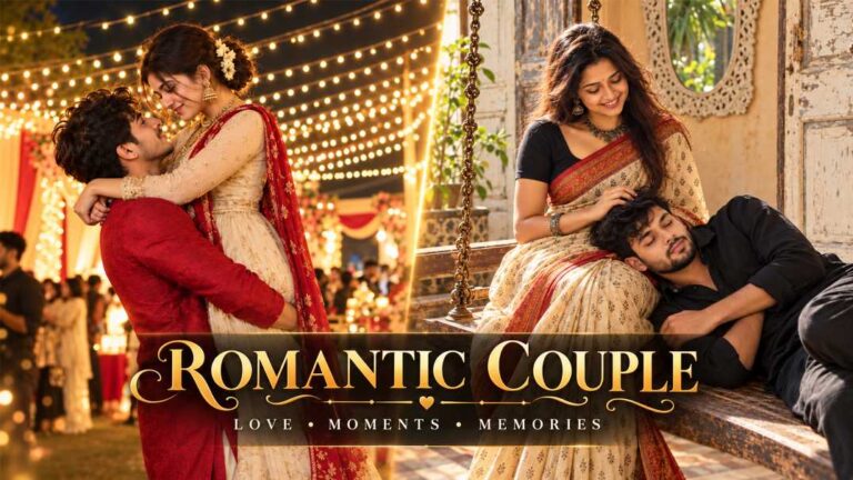 Two romantic couple scenes: a lifted hug under fairy lights and a man resting his head on a woman's lap on a swing