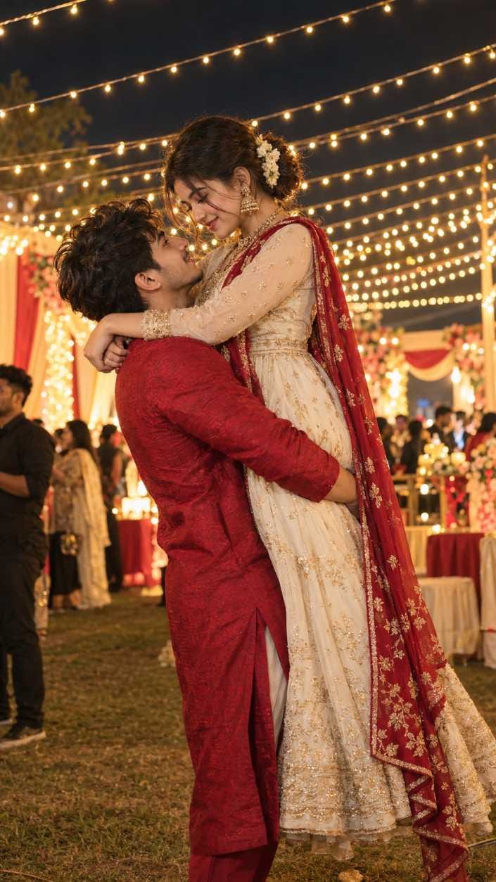 Young man in red kurta lifting a smiling woman in ivory and gold Anarkali under fairy lights at a night wedding