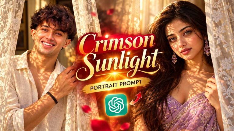Crimson Sunlight Portrait viral AI photo prompt showing a couple standing behind golden sunlit flower curtains