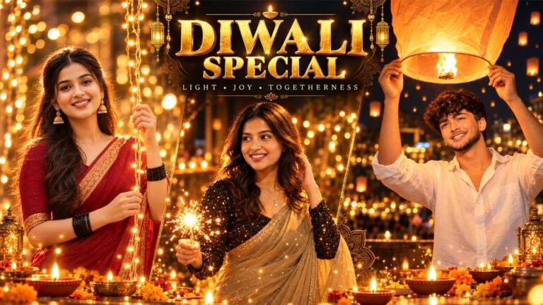 Collage of three smiling people in festive clothes with fairy lights, a sparkler and a glowing paper lantern under Diwali Special text