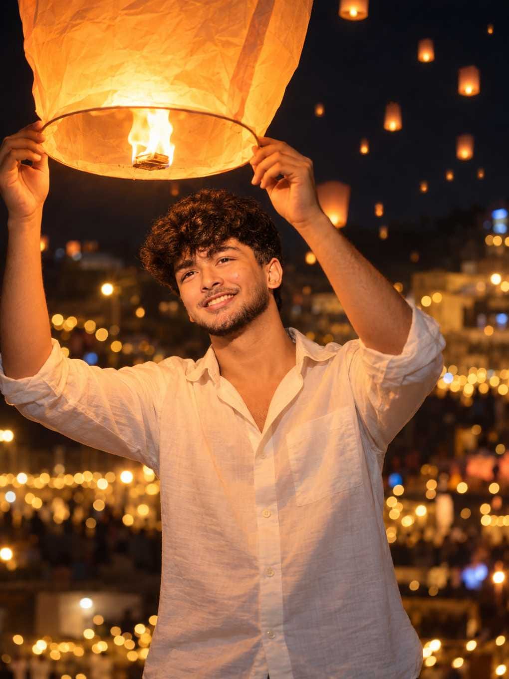 Smiling young man in a white shirt holding a large glowing paper lantern above his head against a dark night sky