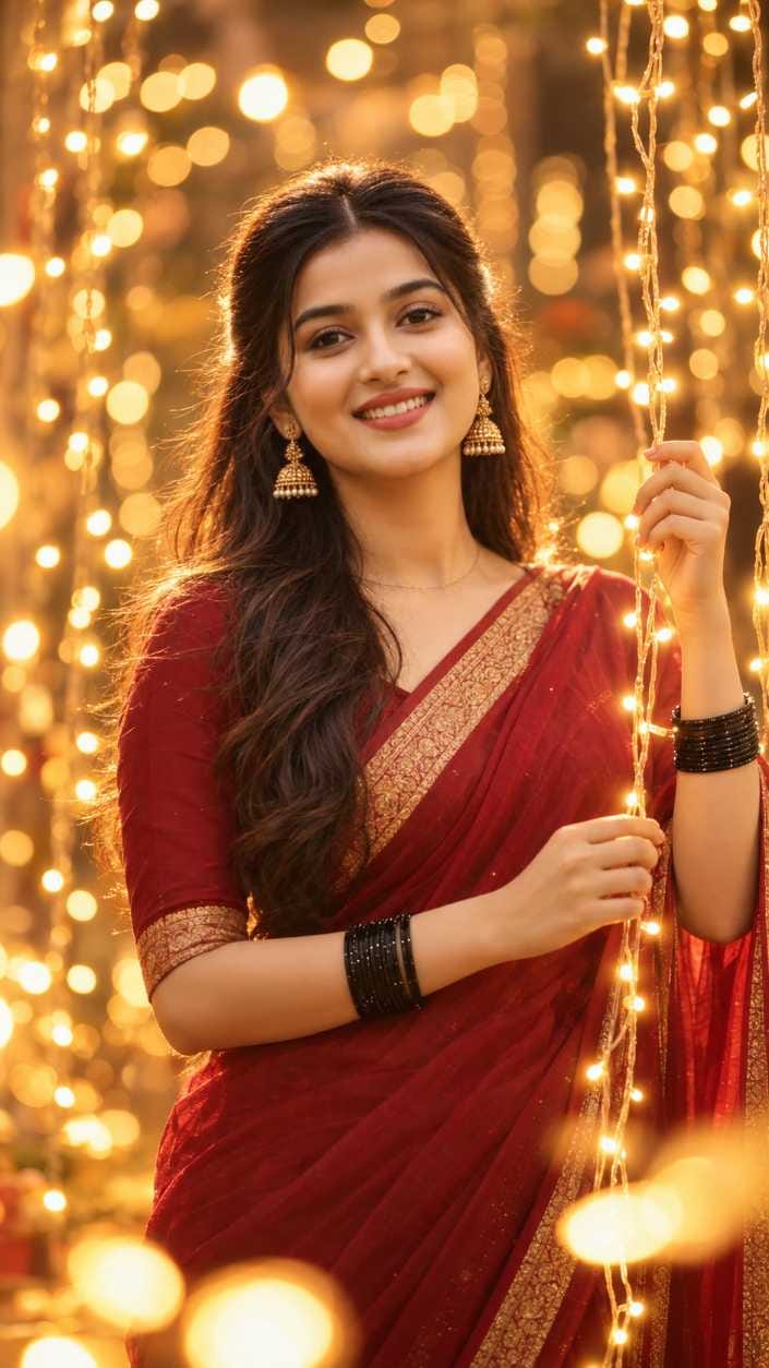 Smiling young woman in a red saree with golden border, jhumkas and black bangles holding a string of fairy lights