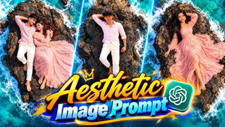 Viral drone view AI photo prompt featured image with a top view of a rock surrounded by turquoise sea