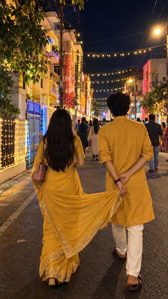Couple in matching mustard-yellow outfits walking down a night street with colourful lights, he holding her saree end