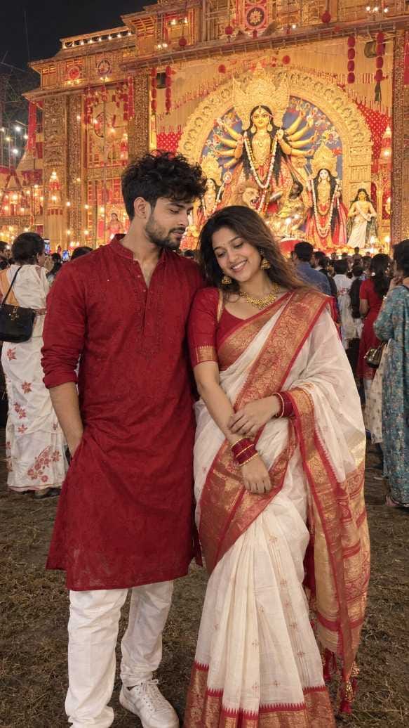 Bearded man in a red kurta beside a shy woman in a white and red saree at a bright golden pandal at night