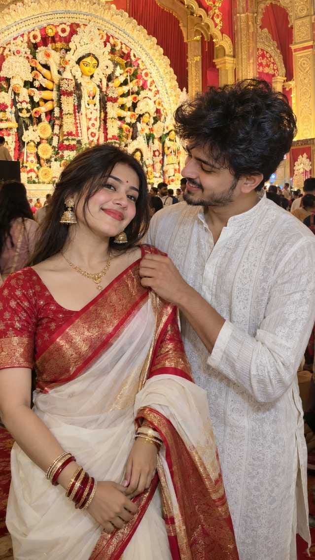 Smiling woman in a white and red saree with a bearded man in a white kurta gently touching her shoulder near a Durga idol