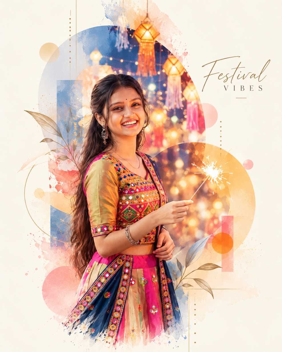 Smiling young woman holding a lit sparkler in a pink, gold and navy festival outfit in front of glowing lanterns