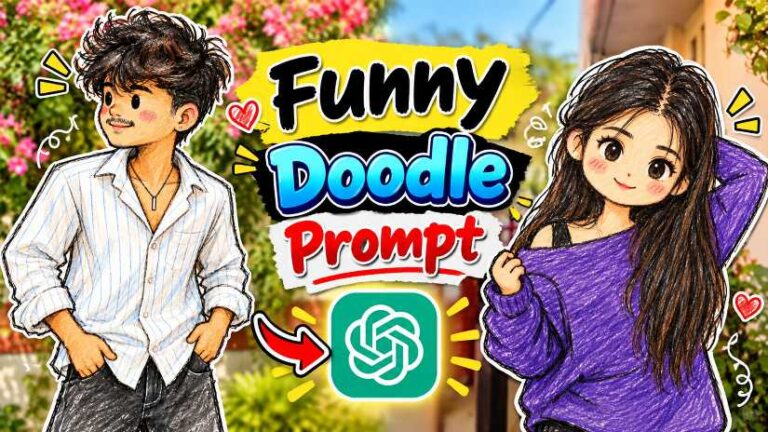 Funny Doodle Prompt viral AI photo showing a real person turned into a cute doodle character with a real background