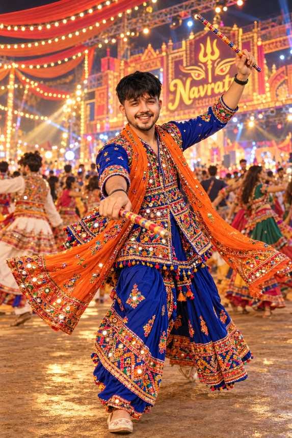 Young man in a blue embroidered kediyu and orange dupatta dancing Garba with dandiya sticks at a Navratri night event