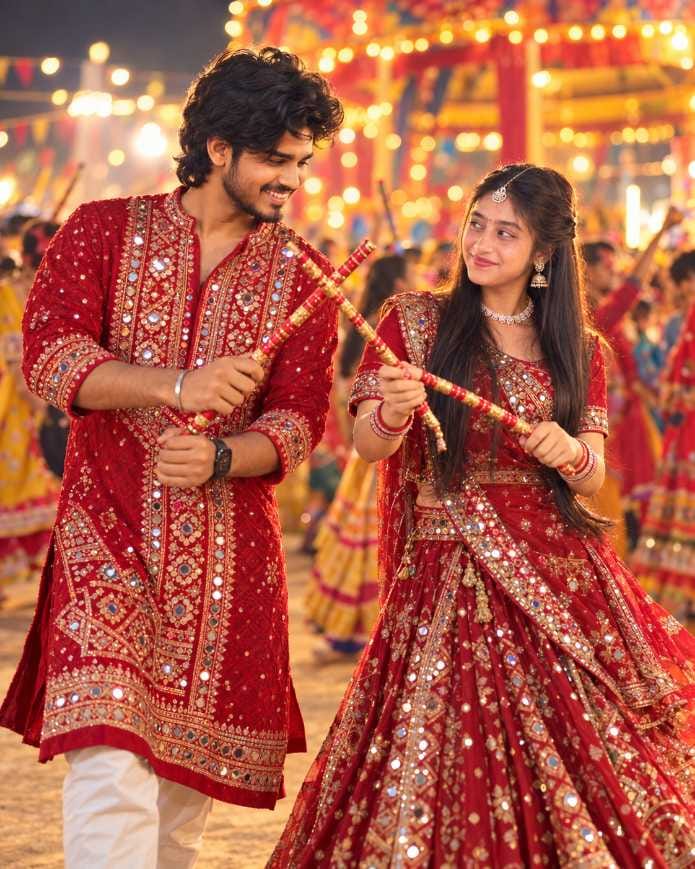 Couple in matching red mirror-work outfits playing dandiya together at a Navratri Garba night