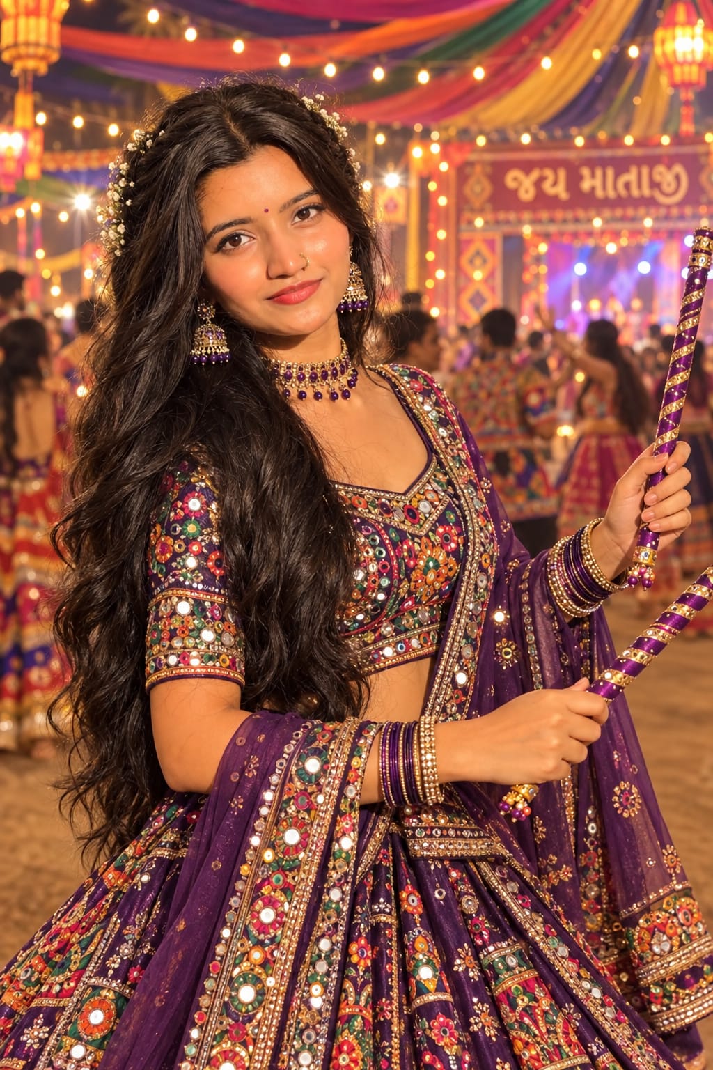 Smiling girl in a purple mirror-work chaniya choli with long open hair and jhumkas holding dandiya sticks at a Garba night