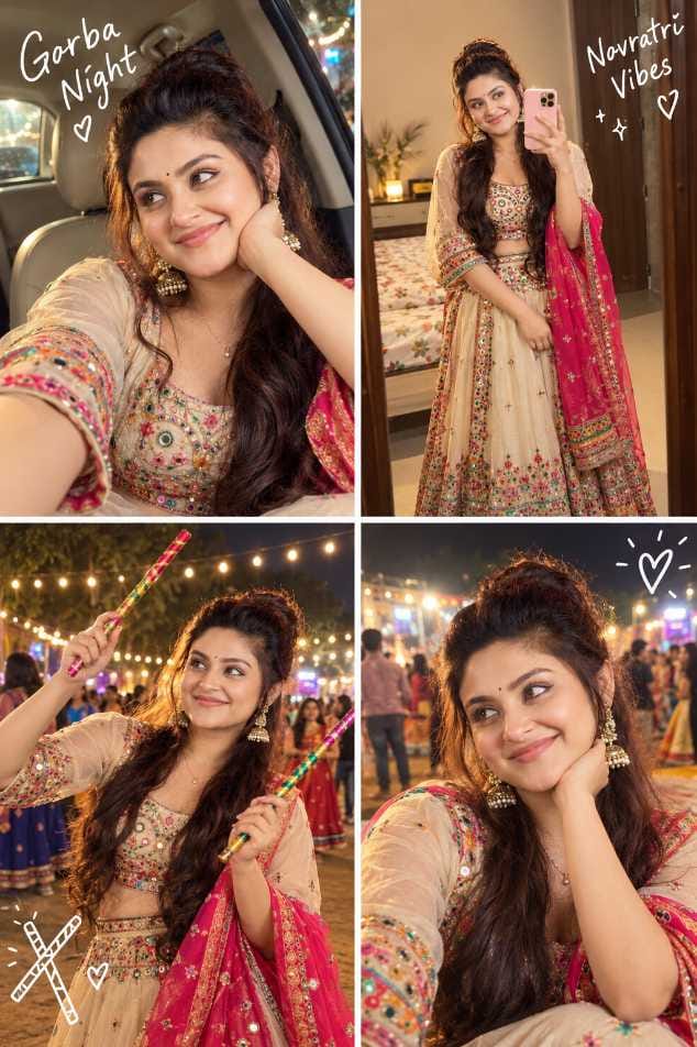 Four-panel collage of a smiling girl in a cream mirror-work chaniya choli and pink dupatta taking Garba night selfies and holding dandiya sticks