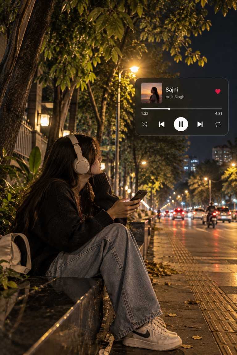 AI photo of a girl with cream headphones sitting on a black stone ledge at night with a music player overlay showing the song Sajni