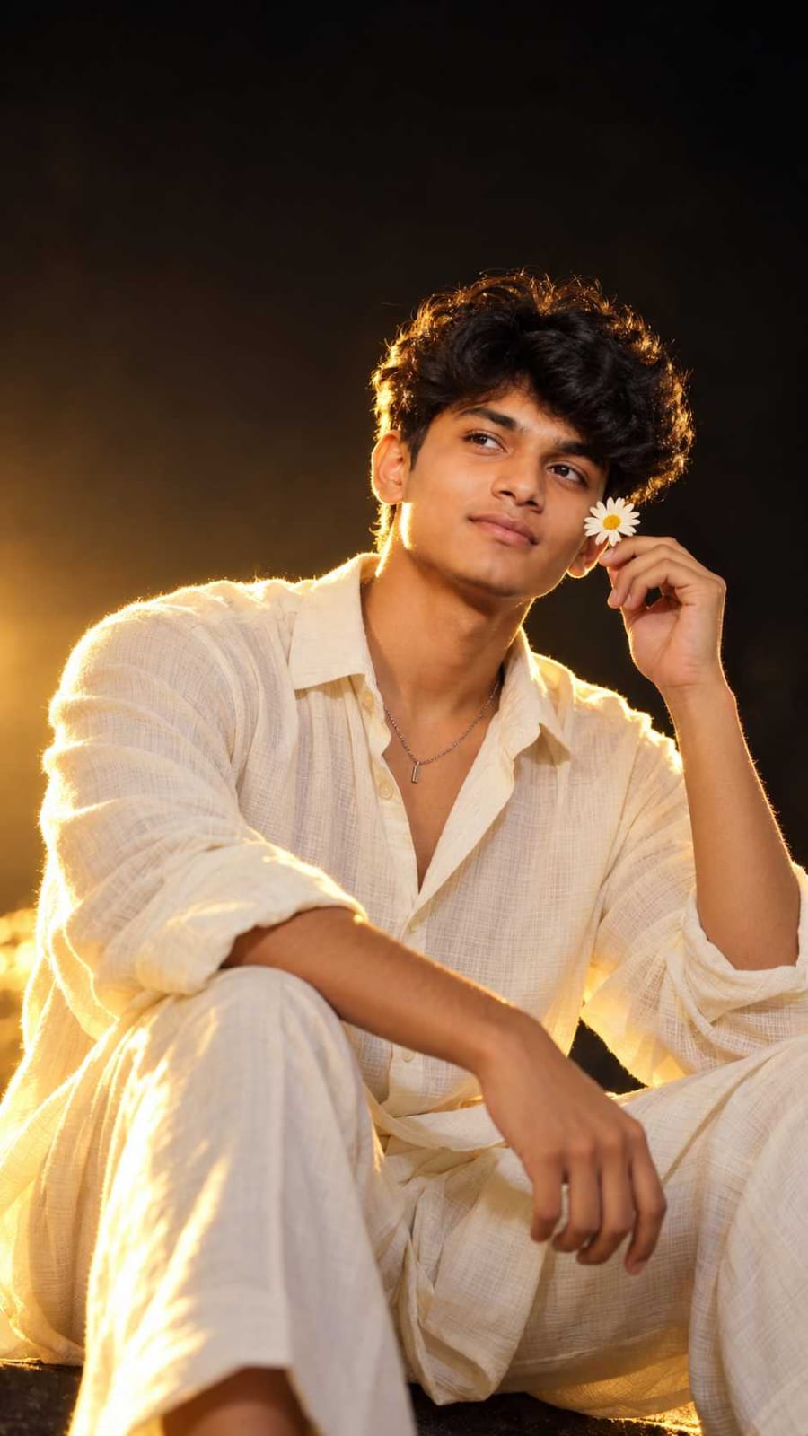 Boy in a cream linen shirt holding a small white daisy near his face in golden hour light, made with a ChatGPT photo prompt