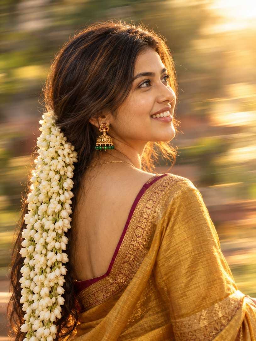 Woman seen from behind in a mustard-gold silk saree with a jasmine garland, head turned in profile, golden blurred background
