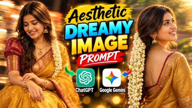 Two women in golden sarees with jasmine garlands and jhumkas, one seated and smiling, one from behind, with ChatGPT and Gemini logos