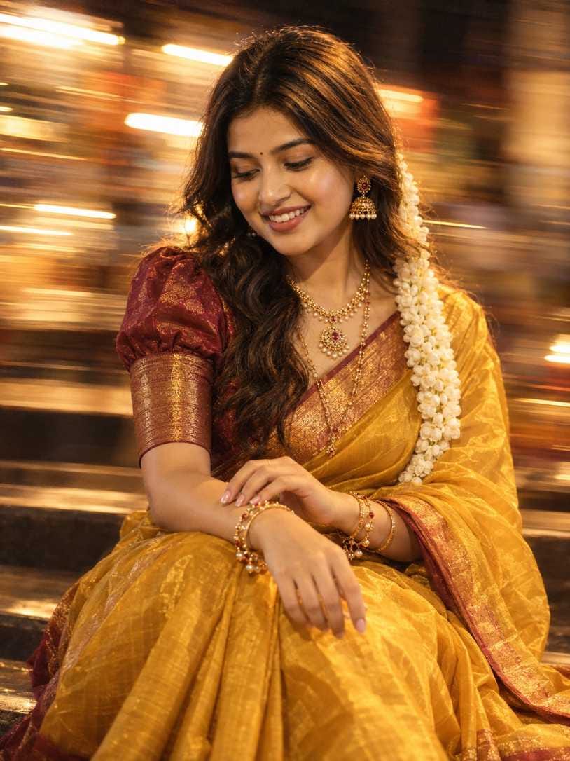 Smiling woman seated at night in a yellow silk saree and maroon blouse, looking down at her bracelet, with amber light streaks