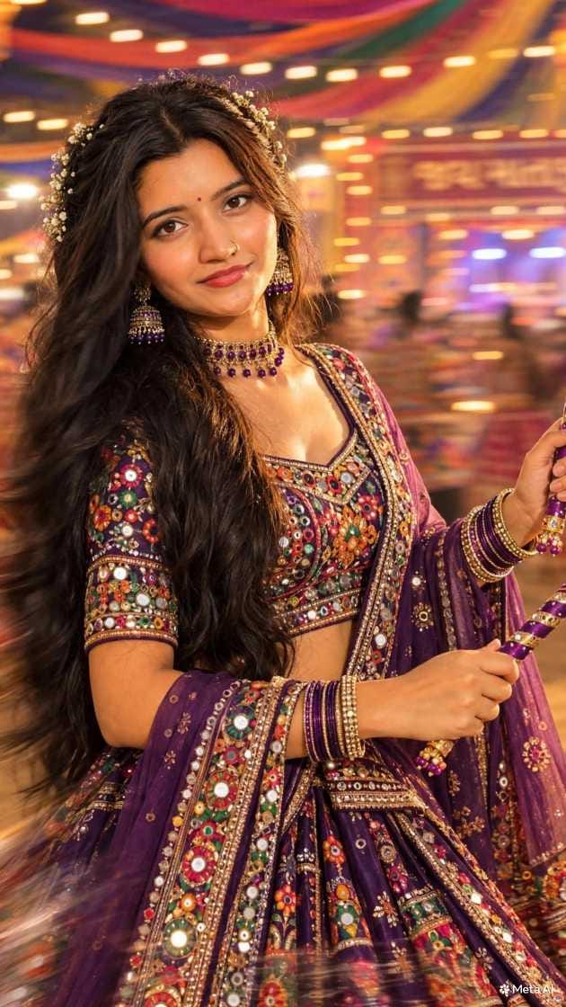 Young woman with long wavy hair in a purple lehenga with mirror work, holding dandiya sticks in a blurred festival hall
