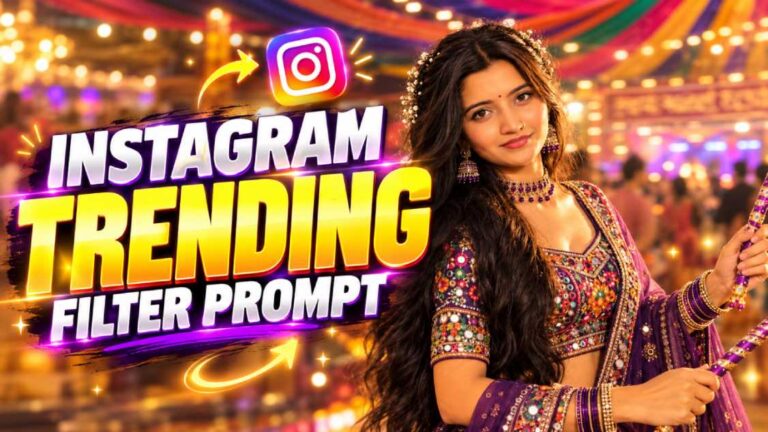 Smiling woman in a purple lehenga holding dandiya sticks, with a blurred glowing festival hall and Instagram logo behind her