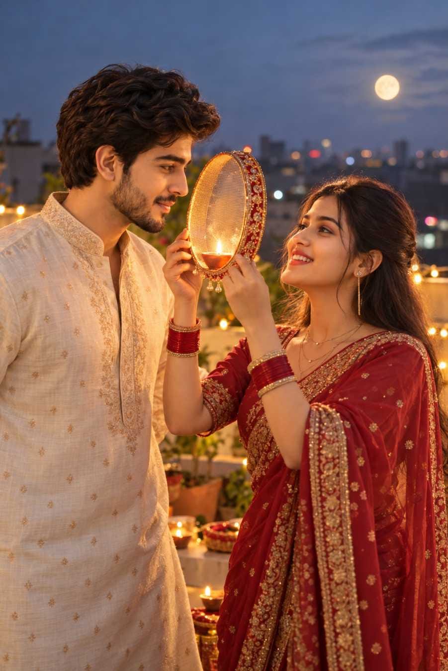Bearded man in a cream kurta and woman in a red saree smile face to face with a lit diya in a sieve between them at dusk