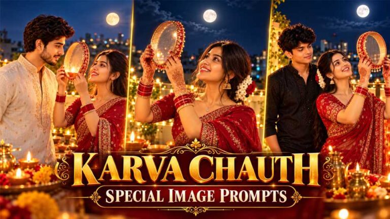 Three Karwa Chauth rooftop scenes at night with a woman in a red saree and a man, holding a sieve toward the full moon
