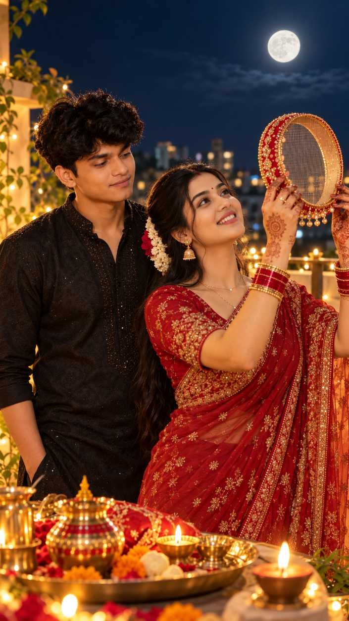 Woman in a red saree holds a sieve to the moon while a man in a black kurta stands close behind her on a rooftop