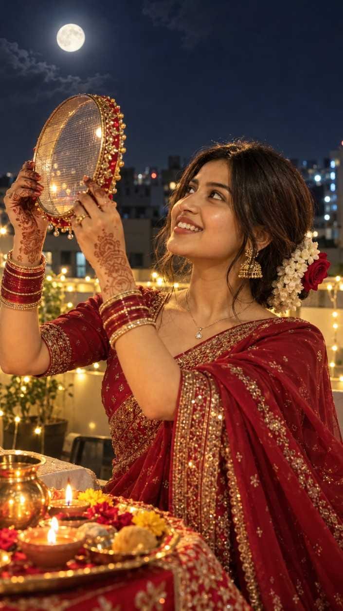 Smiling woman in a deep-red saree looks at the full moon through a decorated sieve on a rooftop with fairy lights