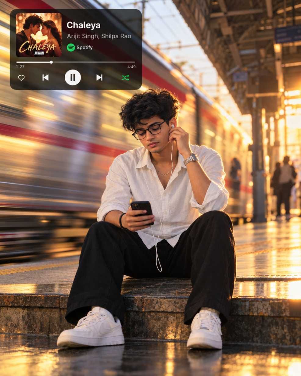 Cinematic Music Portrait Photo Prompt boy version on a station platform with train motion blur and Spotify player